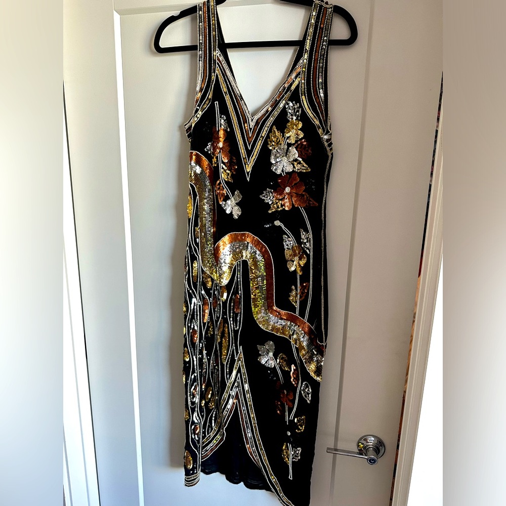 VINTAGE 90s Silk Sequin Midi Dress | MEDIUM